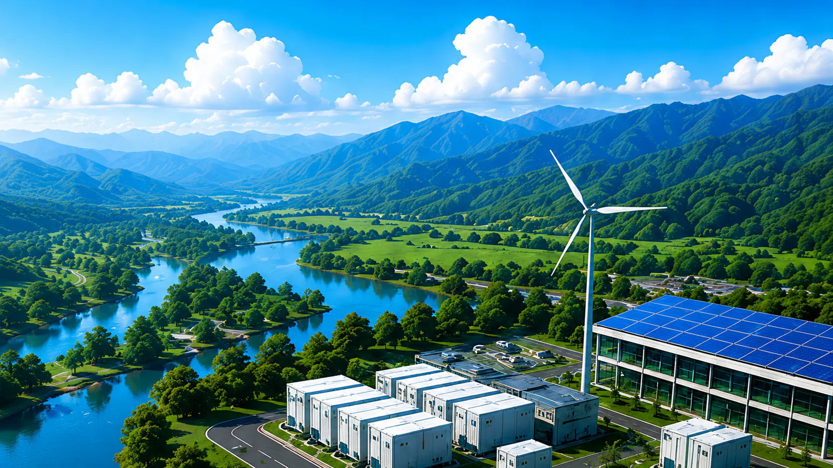 山並み、河川、風力発電、太陽光発電設備、分散型エネルギー施設のイメージ